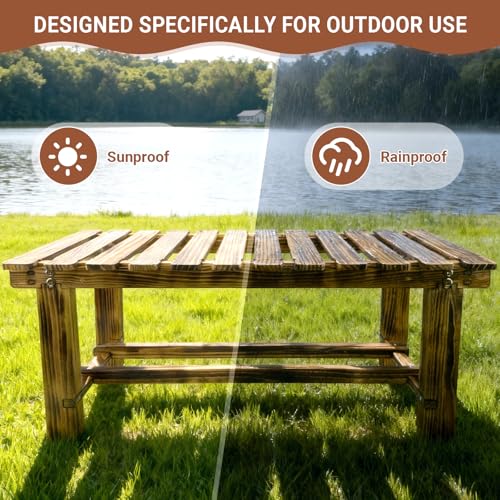 HAOIOKSC 35.5" Outdoor Garden Bench, Weatherproof 2-Person Backless Wooden Bench with Mortise-Tenon Structure – for Garden, Lawn, Porch, Backyard (Brown