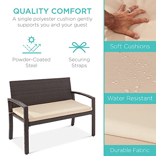 Best Choice Products Outdoor Bench 2-Person Wicker Garden Patio Benches Seating Furniture for Backyard, Porch w/Seat Cushion, 700lb Capacity - Brown/Tan