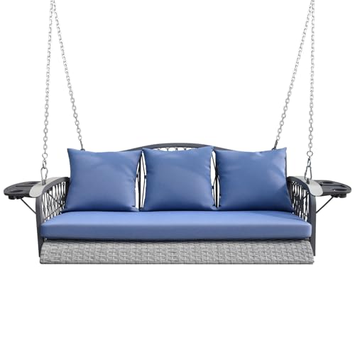 ZZW Wicker Porch Swing Heavy Duty 900 LBS 3-Seat Outdoor Patio Swing Chair with Cushions & 8.9ft Chains Outdoor Hanging Bench