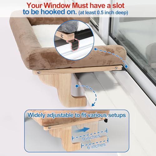 Zakkart Cat Perch for Window Sill with Bolster - Orthopedic Hammock Design with Premium Hardwood & Robust Metal Frame - Cat Window Seat for Large Cats and Kittens - Natural Color Wood Gray Bed, 24''W