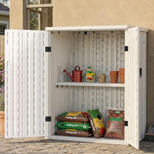 EHHLY Heavy Duty Small Storage Cabinet Outdoor Weatherproof, 14 Cuft Garage Storage Cabinet with 2 Adjustable Shelves