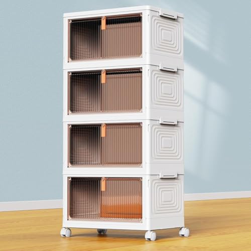 YFXCVSL 4 Tier Plastic Storage Bins with Lid 23QT, Stackable Storage Containers with Wheels, Folding Storage Boxes