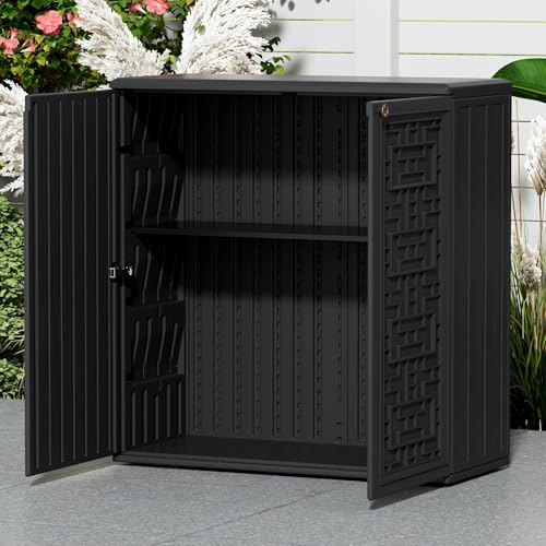 Mrosaa Outdoor Storage Cabinet Waterproof with Shelf,Resin Storage Sheds Outdoor Cabinets for tub Towels/Chemicals/Grill Items/Patio/Garden/Backyard, Size 34.3''L*15''W*36.2''H(Black)