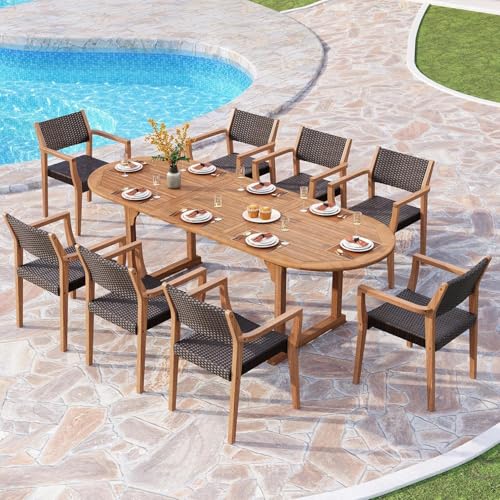 PHI VILLA 9 Pieces Acacia Wood Outdoor Dining Set for 8, Expandable Teak Wooden Table & Chairs