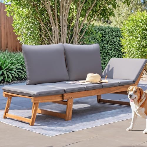 Devoko Outdoor Couch Acacia Wood Patio Couch with Adjustable Armrests, Outdoor Convertible Sofa with Removable Cushions & Pillows for Patio, Porch, Poolside(Grey)