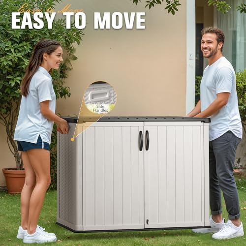 Greesum Outdoor Horizontal Storage Sheds 27 Cu.ft Resin Large Storaged Box Weather Resistance, Without Shelf, Easy to Assemble, Prefect for Garden, Patios, Backyards, White
