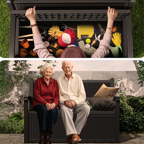 PatioZen 80 Gallon Outdoor Storage Bench Deck Box Waterproof Lockable,Outdoor Storage Furniture for Patio,Garden and Porch,Tools and Cushions(Black)