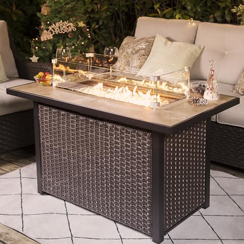 Nuu Garden Outdoor 43" 50, 000 BTU Propane Gas Fire Pit Table, Ceramic Tabletop and Rattan Weaved Iron Frame