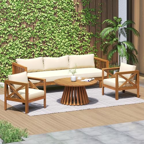 Merax Outdoor 4-Piece Acacia Wood Conversation Set - Patio 3-Seat Loveseat Sofa w/Coushion