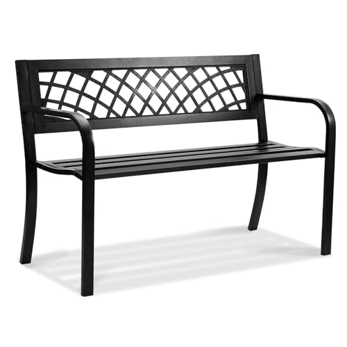 VEVOR Outdoor Bench, 46" Iron Steel Frame Garden Park Bench with Mesh Pattern and Plastic Backrest Armrests
