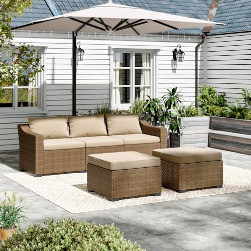 LHBcraft Patio Conversation Set Rattan Outdoor Sectional Furniture Sofa Set Wicker Couch with Coffee Table and Cushions for P
