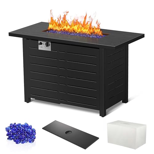 R.W.Flame 43-Inch Propane Fire Pit Table, 50, 000 BTU Outdoor Gas Firepit with Waterproof Cover, Glass Stones, Removable Lid