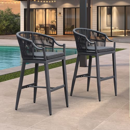 PURPLE LEAF Patio Bar Stools Set of 2 Outdoor Wicker Modern High Bar Chairs Metal Cushioned Barstools with Backs and Ergonomi