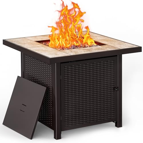 BALI OUTDOORS Propane Gas Fire Pit Table 32 inch 50, 000 BTU Square Gas Firepits for Outside, Brown