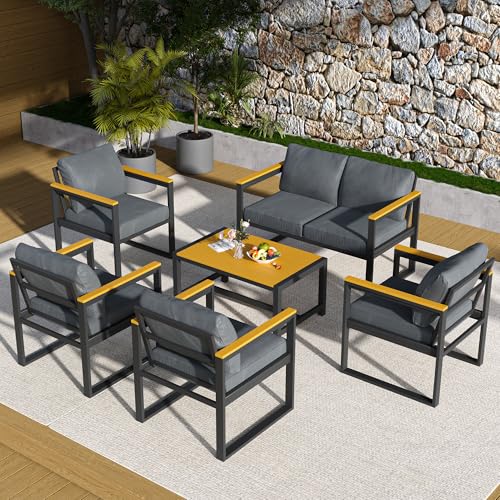 Pamapic 6 Pieces Outdoor Patio Furniture Set, Modern Metal Balcony Furniture with Plastic-Wood Coffee Table