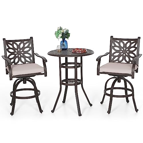 PHI VILLA Patio Furniture Set, Brown 3Pcs Cast Aluminum High Top Table and Swivel Bar Stools with Cushion