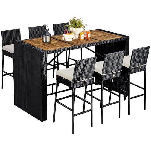 Yaheetech 7 Piece Patio Dining Set Outdoor Acacia Wood Bar Table and Chairs with Removable Cushions