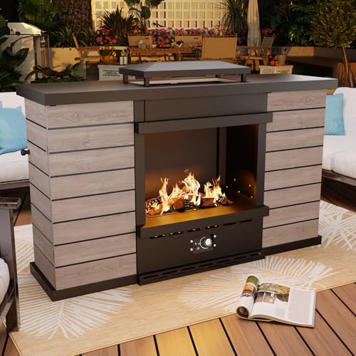 63.0''x37.6'' Outdoor Propane Fireplace, 50,000 BTU Vent-Free Gas Heater, CSA Certified Grey & Black Weather-Resistant Steel, Realistic Ceramic Logs, Rain Cover Included