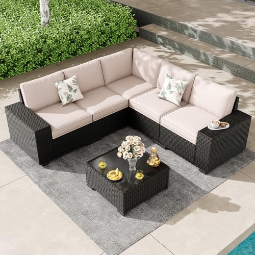 SunloungeCo Patio Furniture Set, 6 Pieces Outdoor Couch Sofa with Wider Armrests & Glass Coffee Table