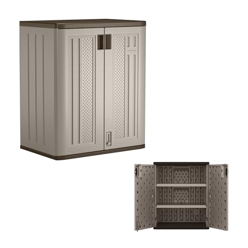 Suncast Base Storage Cabinet for Garage Organization - 9 Cu. Ft. Lockable 2-Shelf Organizer for Garden Supplies