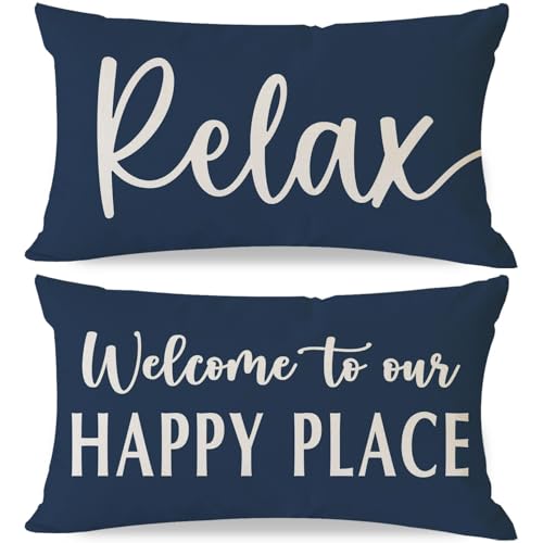HERHOME Welcome to Our Happy Place Relax Decorative Throw Pillow Covers 12x20 Set of 2 Navy Blue Outdoor Rustic Farmhouse Por