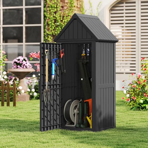 Bifanuo Deck Box Storage Shed Outdoor Storage Cabinet, Vertical Waterproof Resin Material Plastic Shed with Removable Shelves