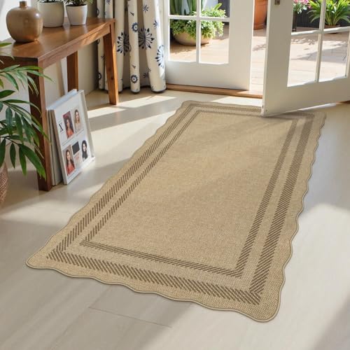 LIVEBOX Scalloped Easy Jute 3x5 Outdoor Rug, Washable Non-Slip Geometric Tan Rugs for Entryway