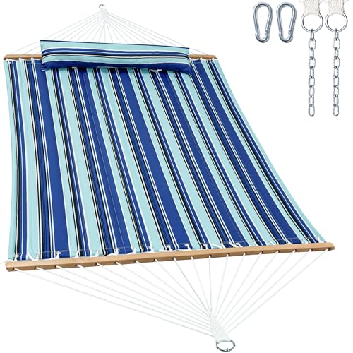 GAFETE Hammock 2 Person Quilted Fabric Hammocks for Outside, Double 12ft Hammocks with Spreader Bar, Large Removable Pillow