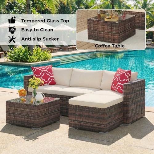 GarveeTech 5 Pieces Patio Furniture Set, All Weather Wicker Rattan Sectional Sofa, Outdoor Patio Furniture Set with Washable Cushions for Garden, Backyard, Porch, Poolside (Brown&Beige) 