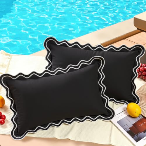JOJOGOGO Black and White Scalloped Outdoor Lumbar Pillow Covers 12x20 Waterproof & Sunproof Set of 2