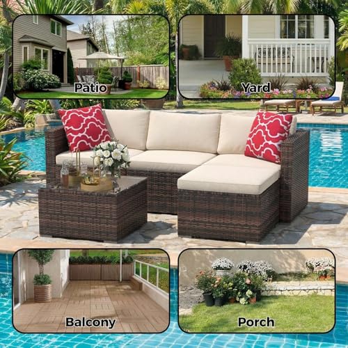 GarveeTech 5 Pieces Patio Furniture Set, All Weather Wicker Rattan Sectional Sofa, Outdoor Patio Furniture Set with Washable Cushions for Garden, Backyard, Porch, Poolside (Brown&Beige) 