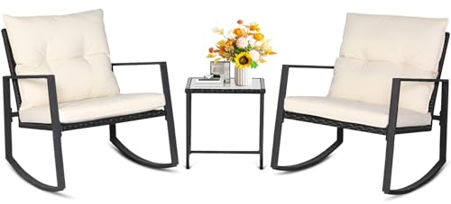 SUNCROWN 3 Piece Outdoor Rocking Bistro Set Black Wicker Furniture Porch Chairs Conversation Sets with Glass Coffee Table