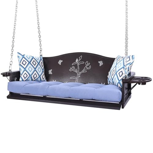 3-Seat Metal Porch Swing 900 LBS Heavy Duty Hanging Bench with Upgraded Tray & Cushions Rust-Resistant Finish Swing Chair wit