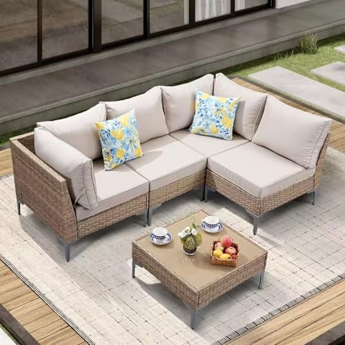 JOYURE 5 Piece Wicker Patio Furniture Set, Outdoor Conversation Sectional Sofa w/Coffee Table