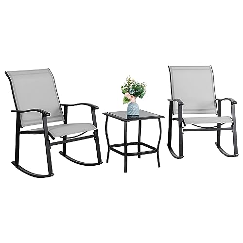 Vongrasig 3 Piece Outdoor Rocking Bistro Set, Textilene Fabric Small Patio Furniture Set