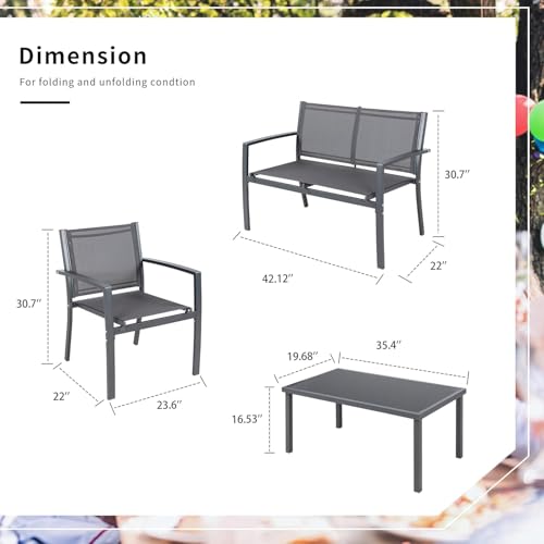 Shintenchi 4 Pieces Patio Furniture Set All Weather Textile Fabric Outdoor Conversation Set, with Glass Coffee Table, Loveseat, 2 Single Chairs for Home, Garden, Lawn, Porch(Gray)