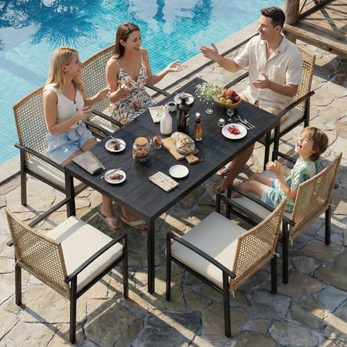 Rotihom 7-Piece Outdoor Dining Set for 6, Patio Dining Set with Hand-Woven Wicker Chairs & Cushions