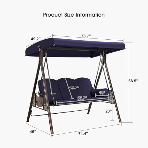 PURPLE LEAF 3-Seat Deluxe Outdoor Patio Porch Swing with Weather Resistant Steel Frame, Adjustable Tilt Canopy, Cushions and Pillow Included, Navy Blue