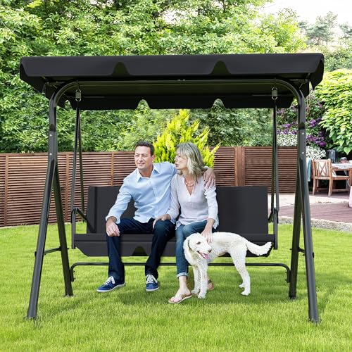 3-Seat Patio Swing Chair, Outdoor Porch Swing with Adjustable Canopy and Durable Steel Frame for Patio, Garden