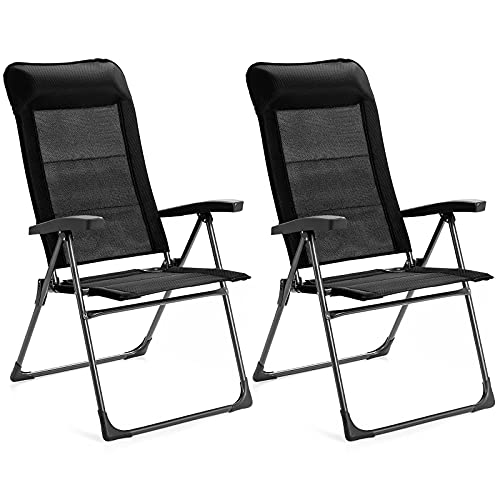 Goplus Folding Patio Sling Chairs, Portable Dining Chair with Headrest, 7 Level Adjustable Backrest