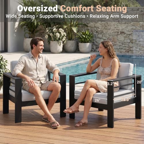 Solaste Aluminum Outdoor Couch, 3-Seat Metal Outdoor Sofa with Water-Resistant Cushion, Weather-Resistant Modern Patio Sofa, Black Frame Grey Cushion