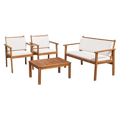 Flamaker Patio Furniture 4 Piece Outdoor Acacia Wood Patio Conversation Sofa Set with Table & Cushions Porch Furniture for De