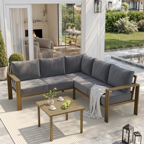 UDPATIO 6 Piece Patio Furniture Set, Faux Wood Metal Outdoor Sectional Sofa with 6" Thick Olefin Cushions