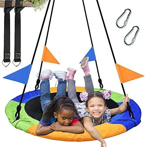 PACEARTH 40 Inch Saucer Tree Swing Flying 900lb Weight Capacity 2 Added Hanging Straps Adjustable Multi-Strand Ropes Colorful
