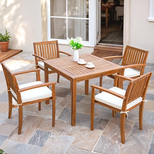 Flamaker 5 Piece Outdoor Dining Set Acacia Wood Patio Table and Chairs with Soft Cushions Patio Furniture for Deck, Backyard