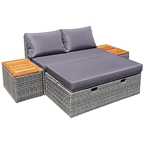 Devoko Patio Day Bed with 2 Side Tables Outdoor Daybed Set MultifunctionalRattan Lounge Bed for Backyard Porch Poolside Lawn