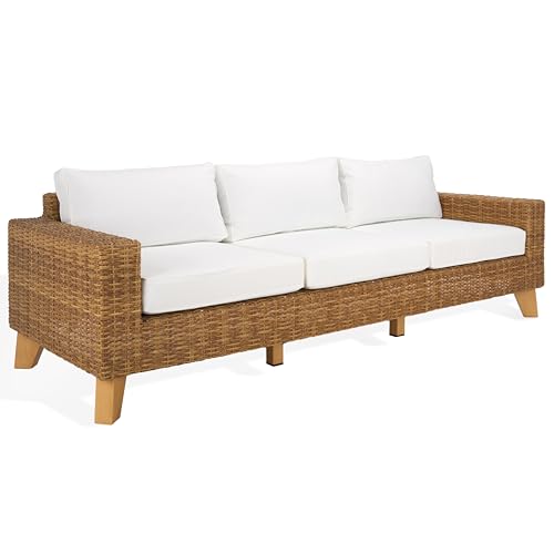 SAFAVIEH Couture Outdoor - Margarita Wicker Sofa - Brown & White - Performance Linen & Aluminum Frame - Ideal for Patio, Deck