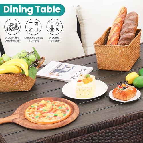 Wumiokio Patio Furniture Set, 7 Pieces Outdoor Patio Furniture with Dining Table&Chair, All Weather Wicker Conversation Set with Ottoman,Brown Rattan & Ivory Cushions (Include Sofa Dust Cover)