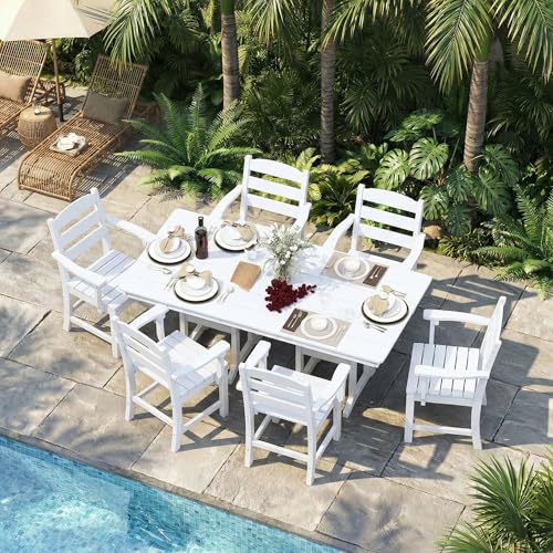 HOPUBUY 7 Pieces Patio Dining Set for 6, 71" HDPE All-Weather Patio Table and Chairs Set with Umbrella Hole