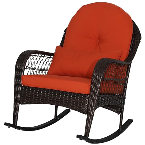 MEDIMALL Outdoor Wicker Rocking Chair, Patio Rattan Rocker w/Lumbar Pillow, Padded Seat & Back Cushions, Metal Frame